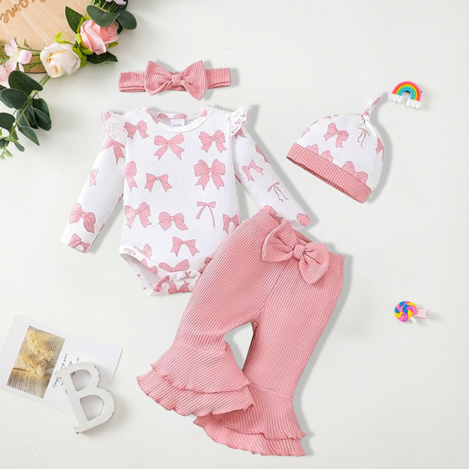 Gvdentm Preemie Newborn Clothes 3Months Infant Romper Fall Winter Outfits Gifts for Girls Cute Bell Bottoms Pant Sets(White,0-3 Months)