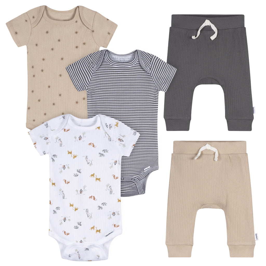 Gerber Baby Neutral 5-Piece Bodysuits & Pants Set Safari , Sizes (Newborn - 9 Months)