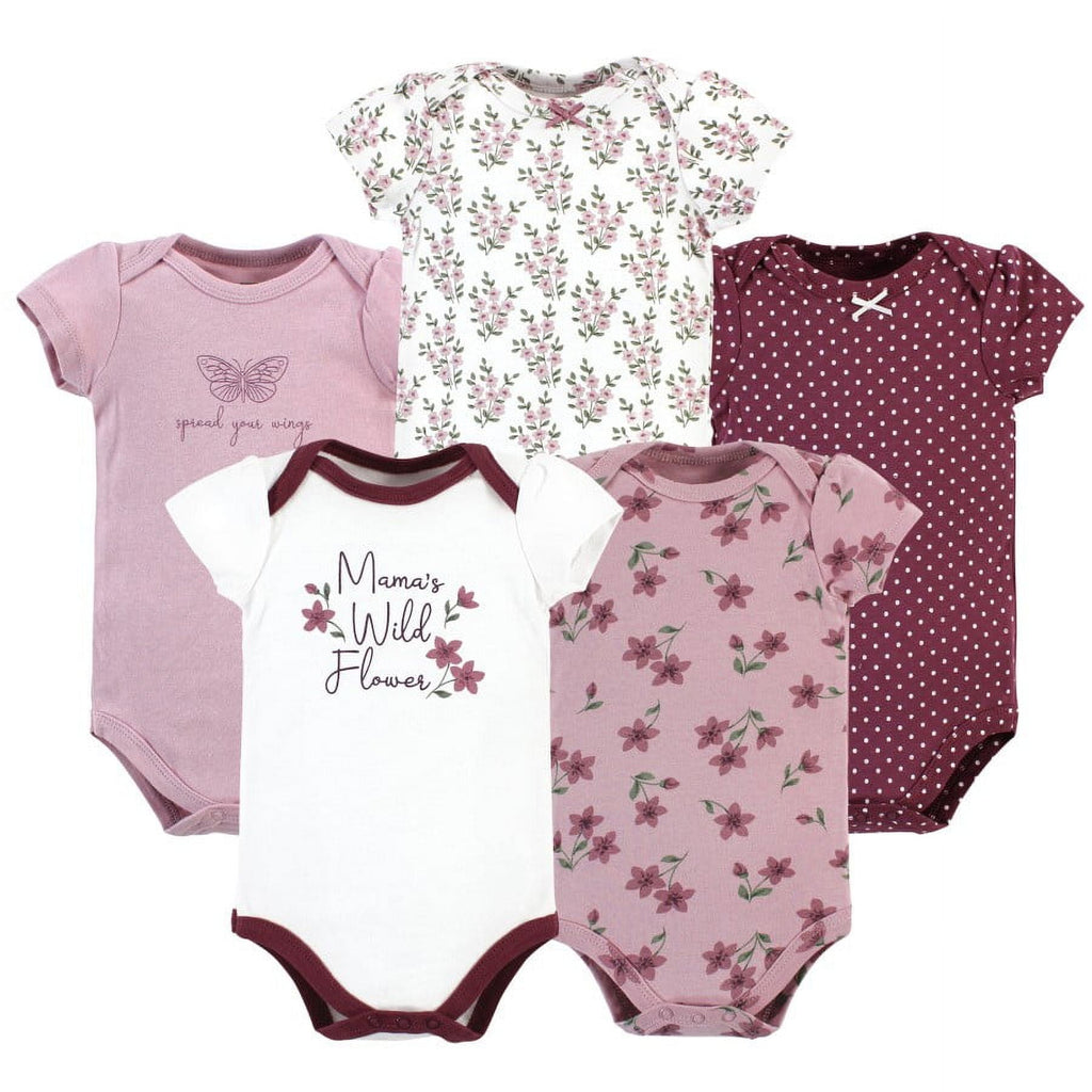 Hudson Baby Short Sleeve Bodysuits, 5-Pack, Newborn- 24 Months