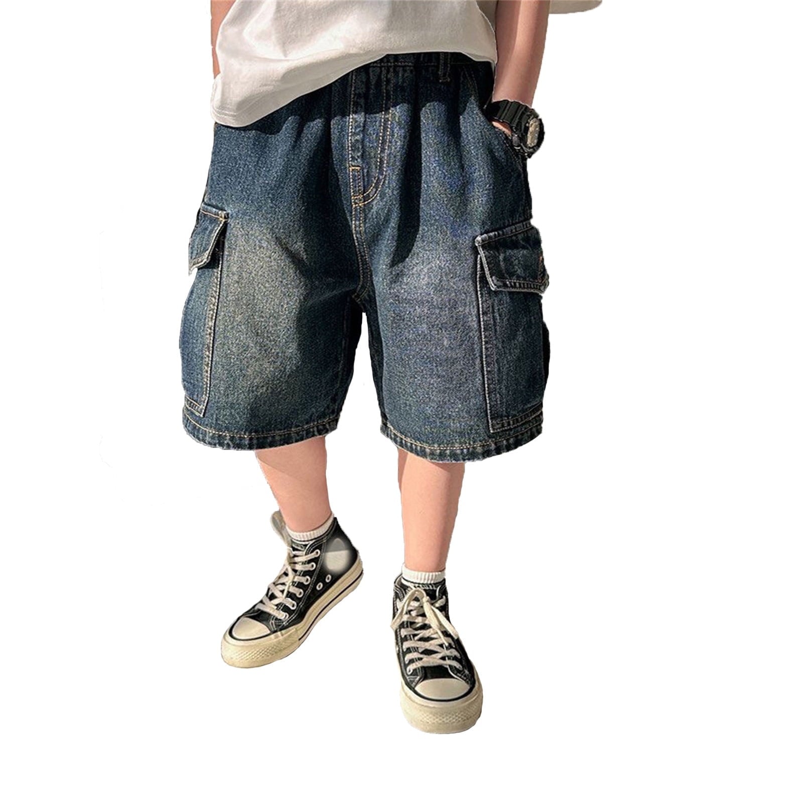 LIIPEE Boys Jean Shorts Stretch Elastic High Waist Denim Shorts With Pockets Girl Leisure Casual Outings Shorts,Blue,10-11 Years