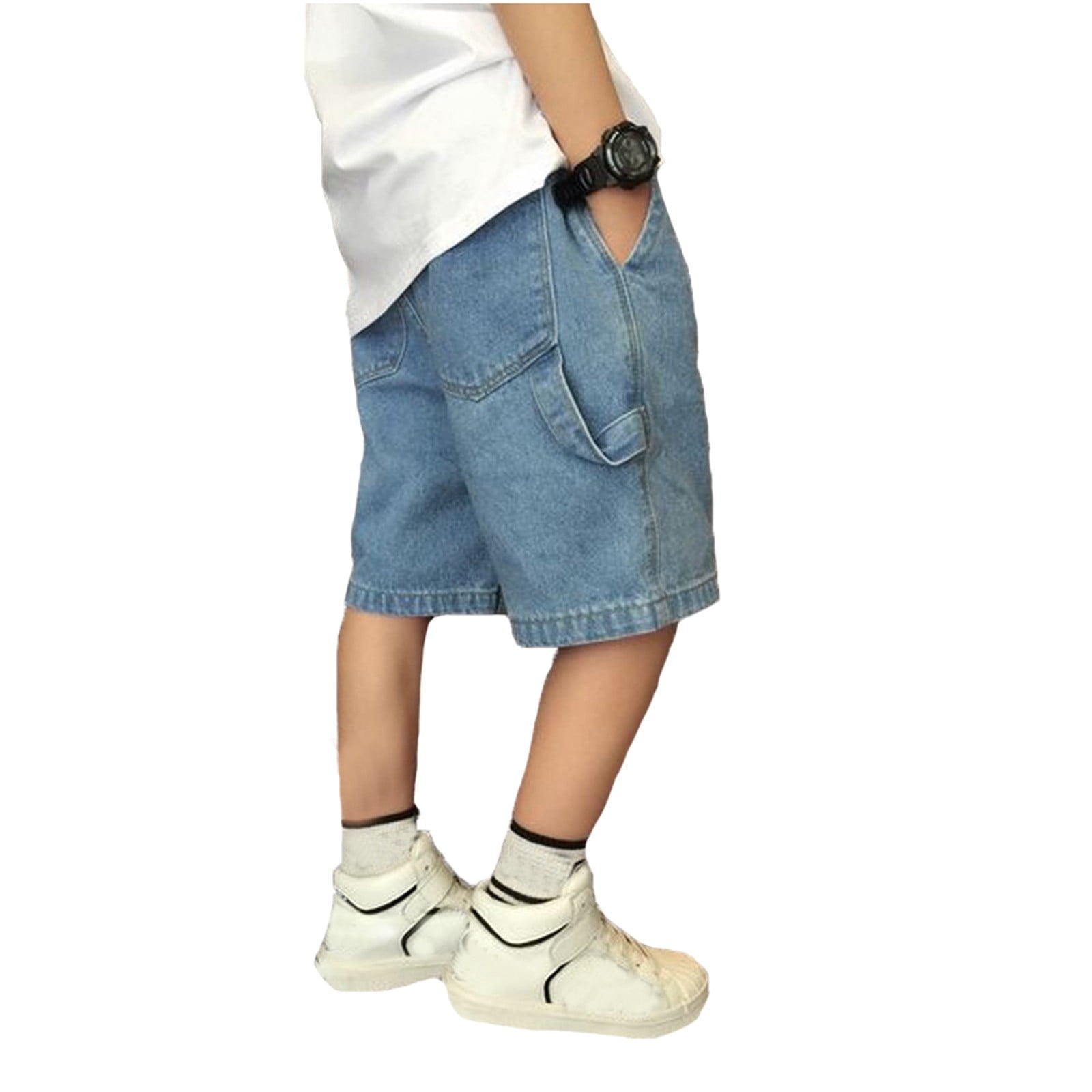 LIIPEE Boys Jean Shorts Stretch Elastic High Waist Denim Shorts With Pockets Girl Leisure Casual Outings Shorts,Blue,10-11 Years
