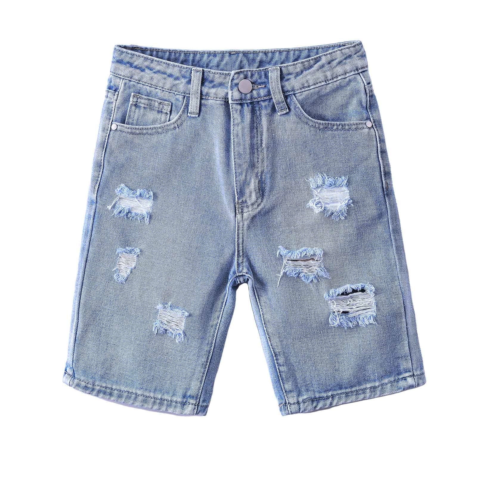 LIIPEE Boys Jean Shorts Stretch Elastic High Waist Denim Shorts With Pockets Girl Leisure Casual Outings Shorts,Blue,10-11 Years
