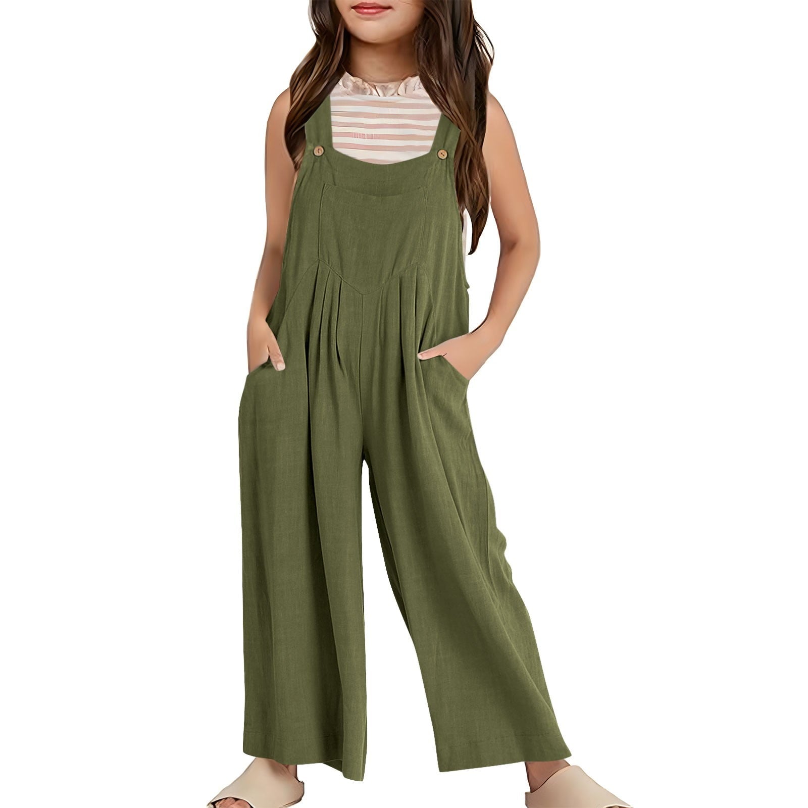 MEZZALL Girls Summer Sleeveless Wide Leg Jumpsuit Casual Solid Color Romper With Pockets Loose Fit Overalls For Toddler Kids Lovely Dailywear, Grey, 13-14 Years