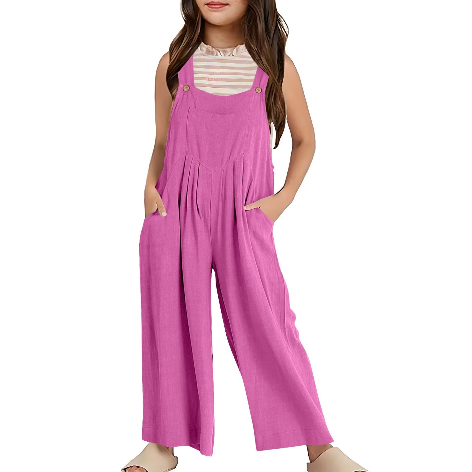 MEZZALL Girls Summer Sleeveless Wide Leg Jumpsuit Casual Solid Color Romper With Pockets Loose Fit Overalls For Toddler Kids Lovely Dailywear, Grey, 13-14 Years