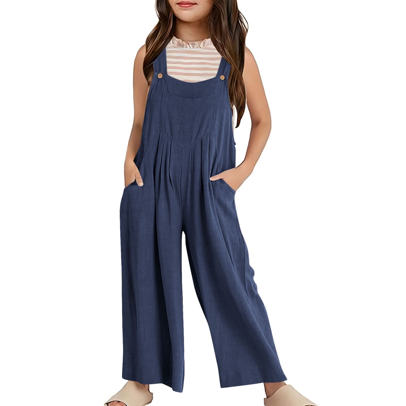 MEZZALL Girls Summer Sleeveless Wide Leg Jumpsuit Casual Solid Color Romper With Pockets Loose Fit Overalls For Toddler Kids Lovely Dailywear, Grey, 13-14 Years