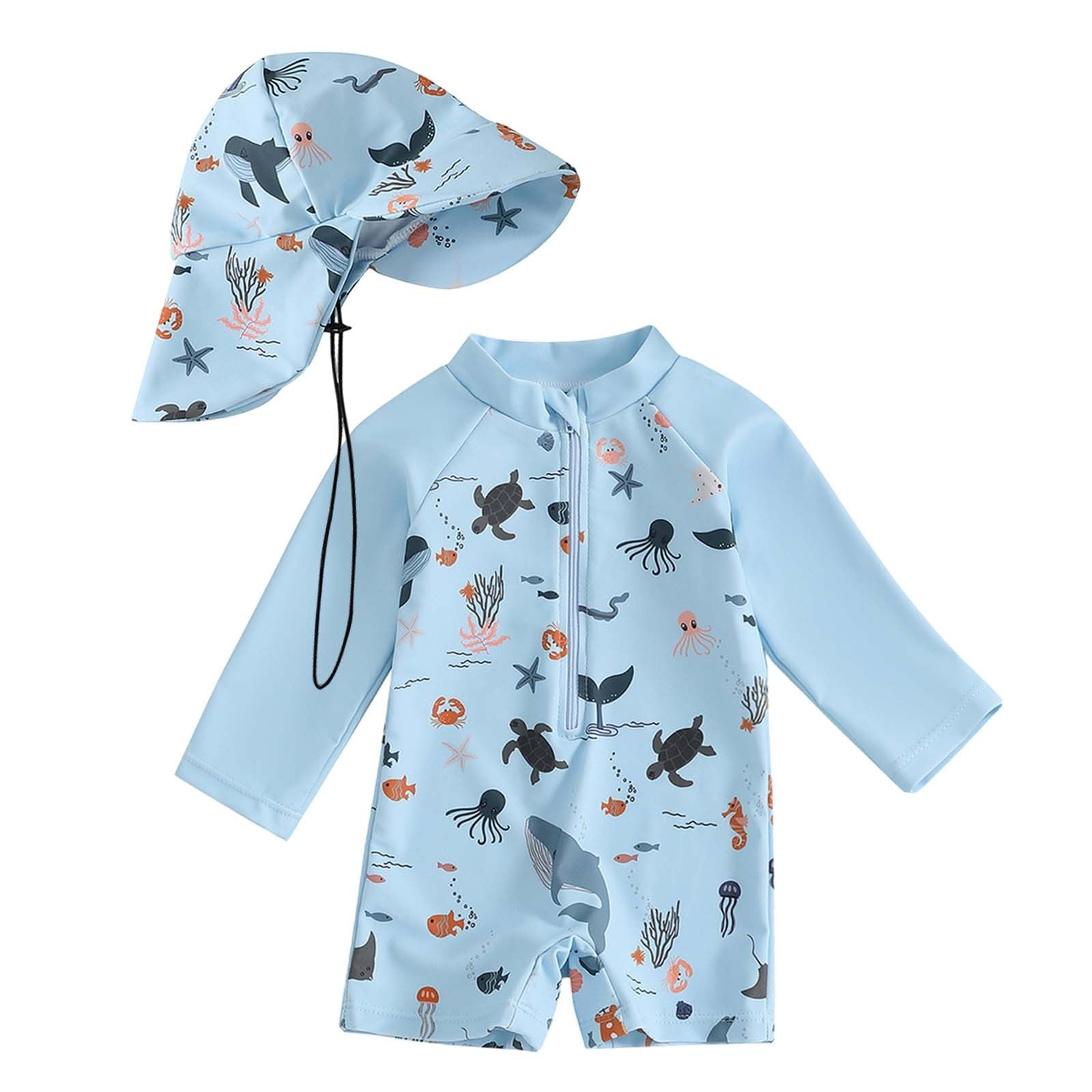 WOYY Boys Quick Dry UPF 50+ Long Sleeve Rash Guard & Sun Hat Swimsuit