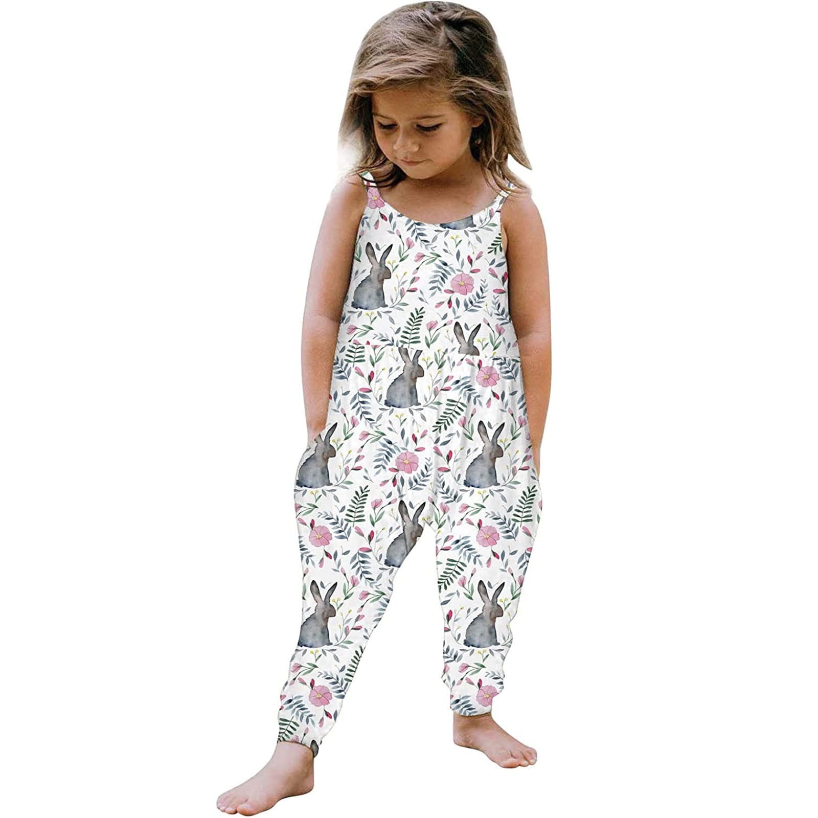 Zwiiyzr Toddler Kids Girls Summer Easter Romper Trendy Cute Flowers Print Suspenders Jumpsuit Baby Clothes for 1-5 Years Gray