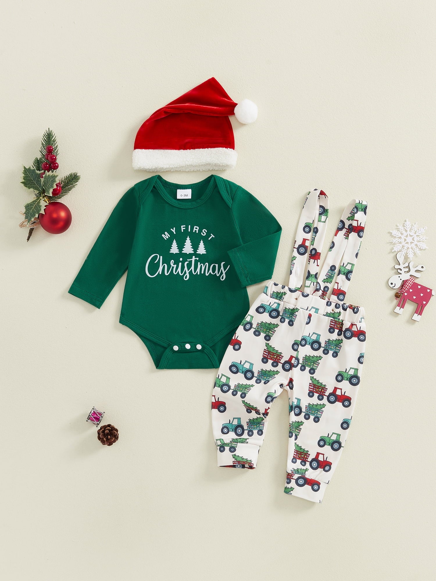 Elippeo Baby Boy Christmas Outfit, Long Sleeve Dots Printed Bow Tie Romper with Overall Pants and Hat Infant Outfit 3 6 9 12 18 Months